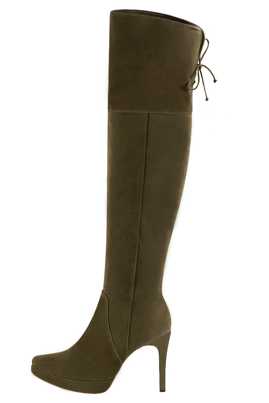 Khaki green women's leather thigh-high boots. Tapered toe. Very high slim heel with a platform at the front. Made to measure. Profile view - Florence KOOIJMAN
